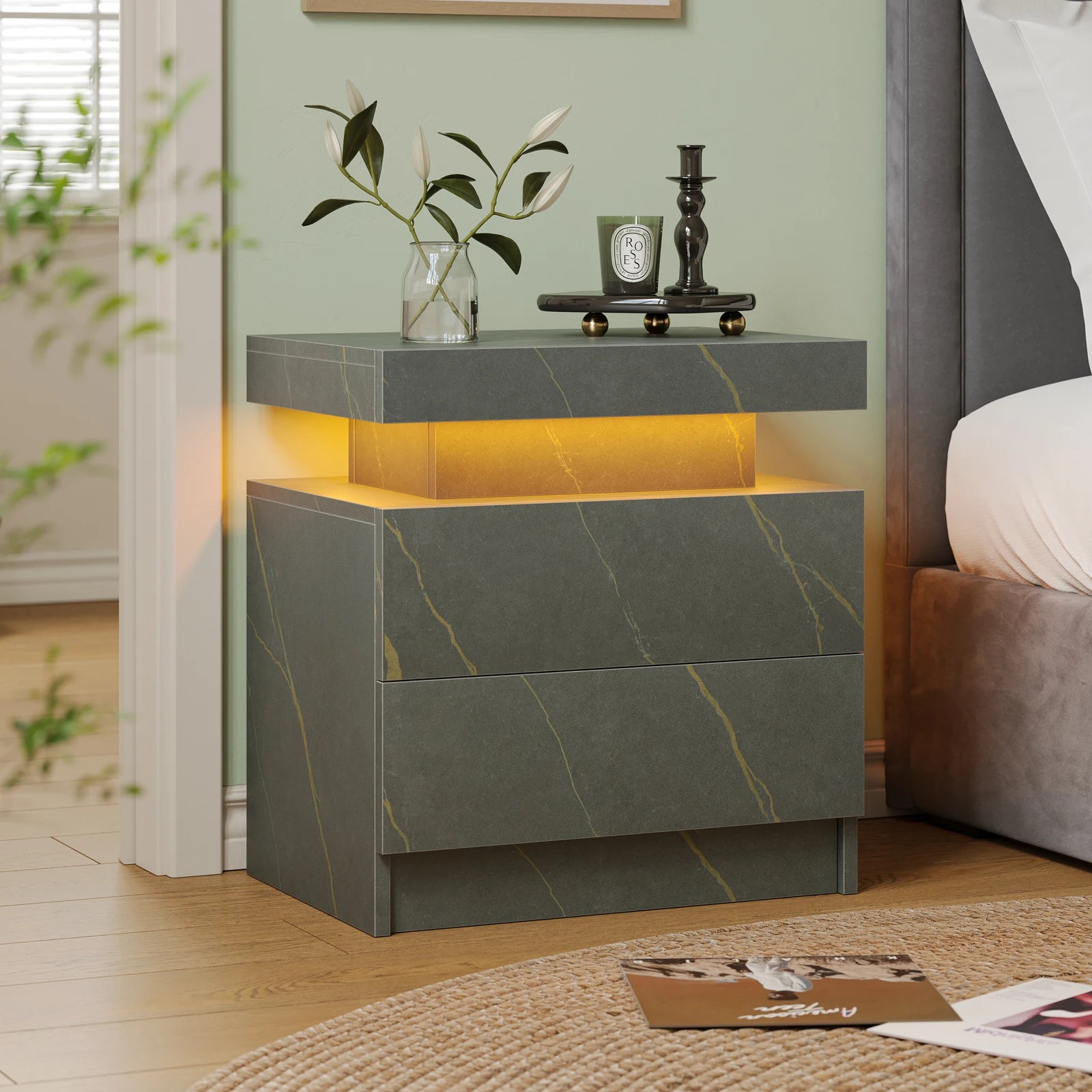 Moroccan Cube Nightstands with 2 Drawers, End Table with RGB LED Lights