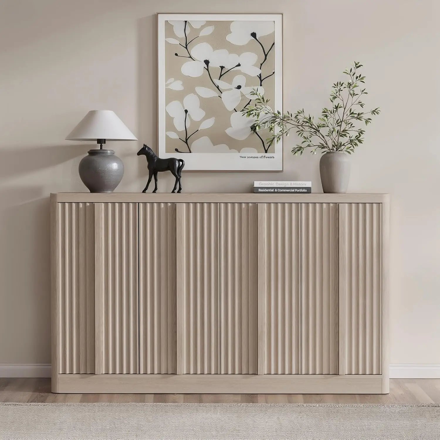 Fluted Buffet Cabinet , 60"Sideboard Buffet Cabinet with 4 Door-Modern Credenza