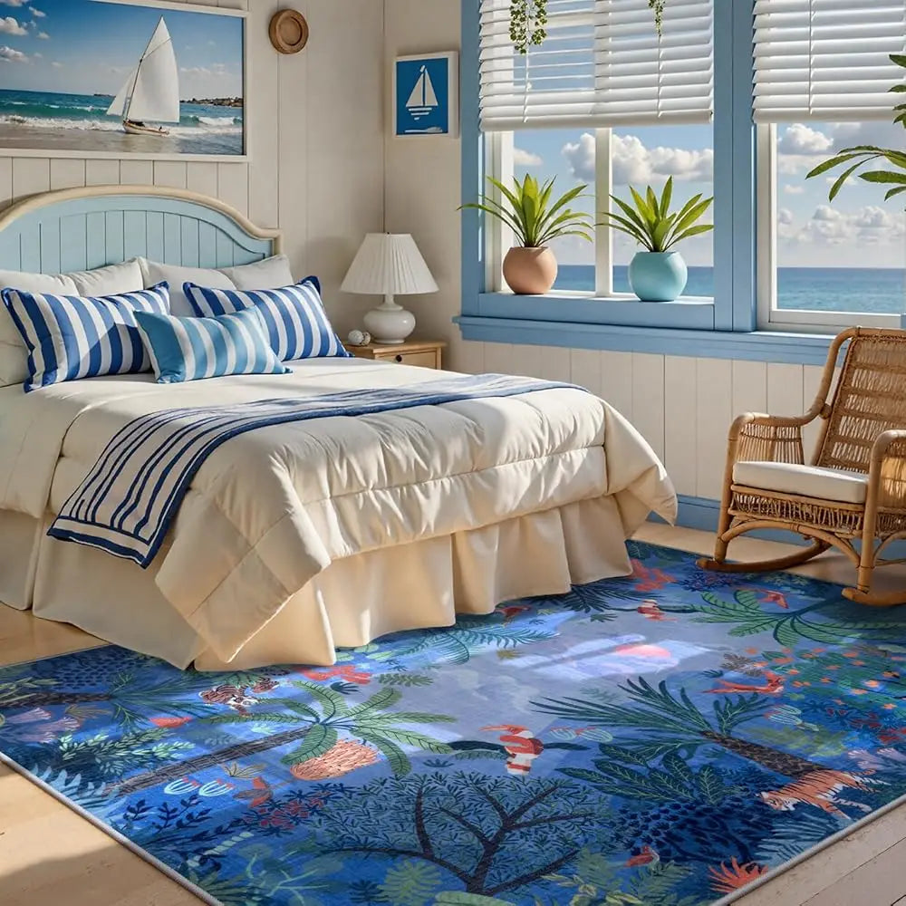 Jungle Animal Print 5X7 Blue Rug Living Room, Non-Slip Kids Bedroom Rugs  Washable