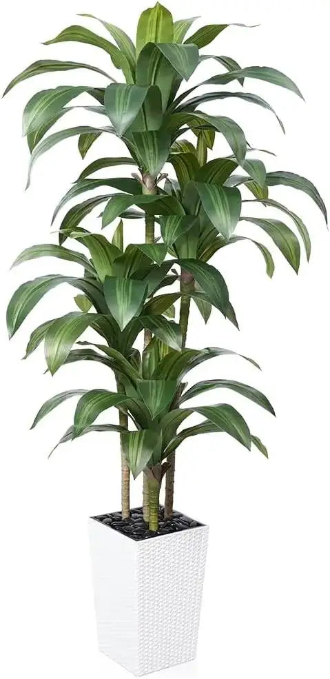 Yucca Tropical Plant  6FT Fake Tree With White Taper Planter & Pebbles UV Resistant