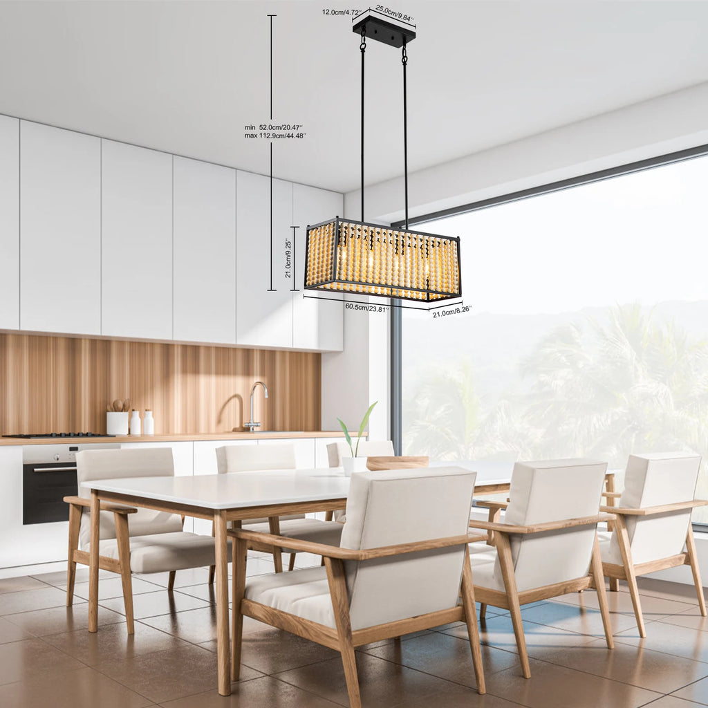Bohemian  Wood Beaded Chandelier ,Modern Farmhouse Chandelier 4-Light