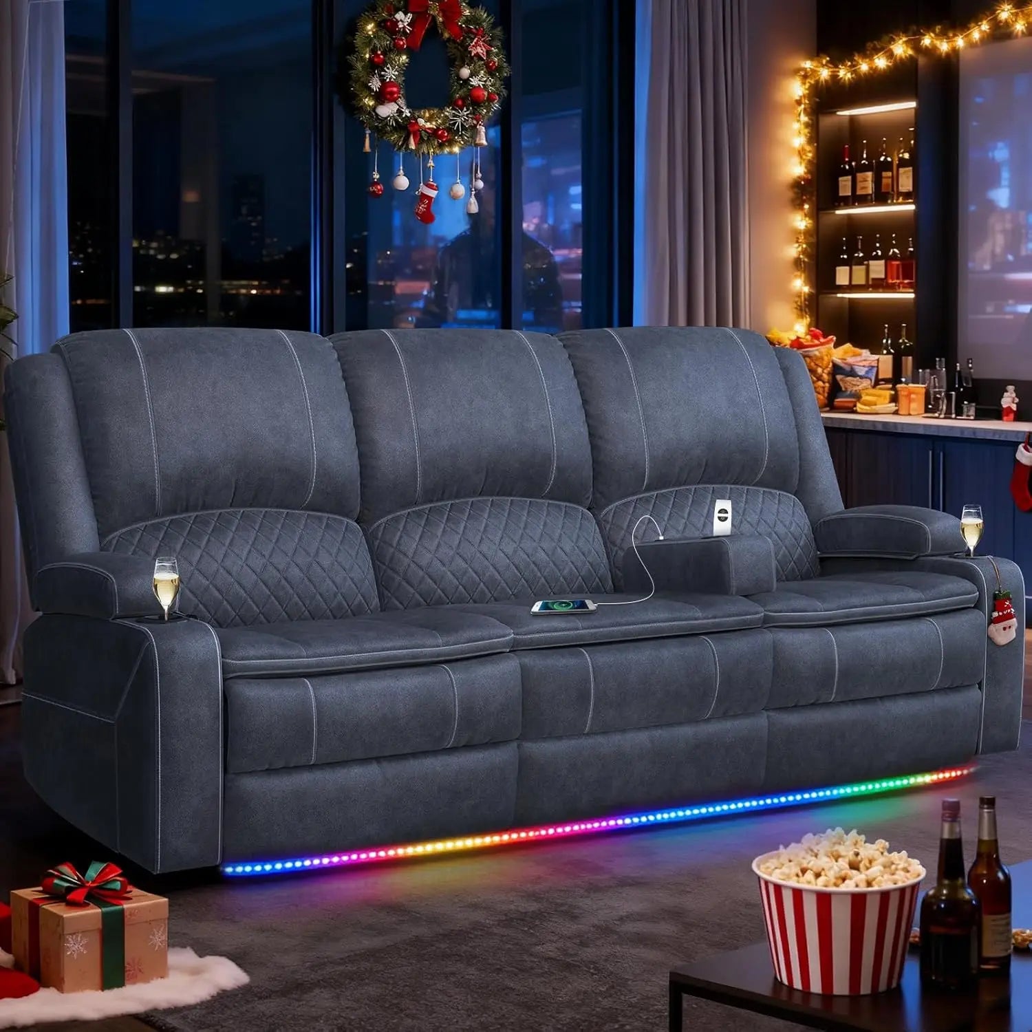 3 Seat Recliner Sofa with Console, Armrest, PU Leather, Cup Holders, USB Ports