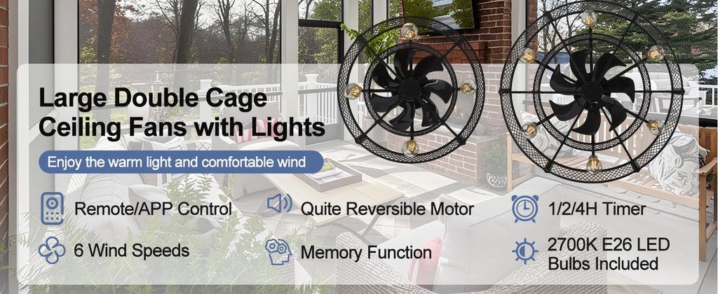Caged Ceiling Fan with Light: 20/26" Farmhouse Fandelier Ceiling Fan with Remote for Low Profile Indoor Bedroon Kitchen Living
