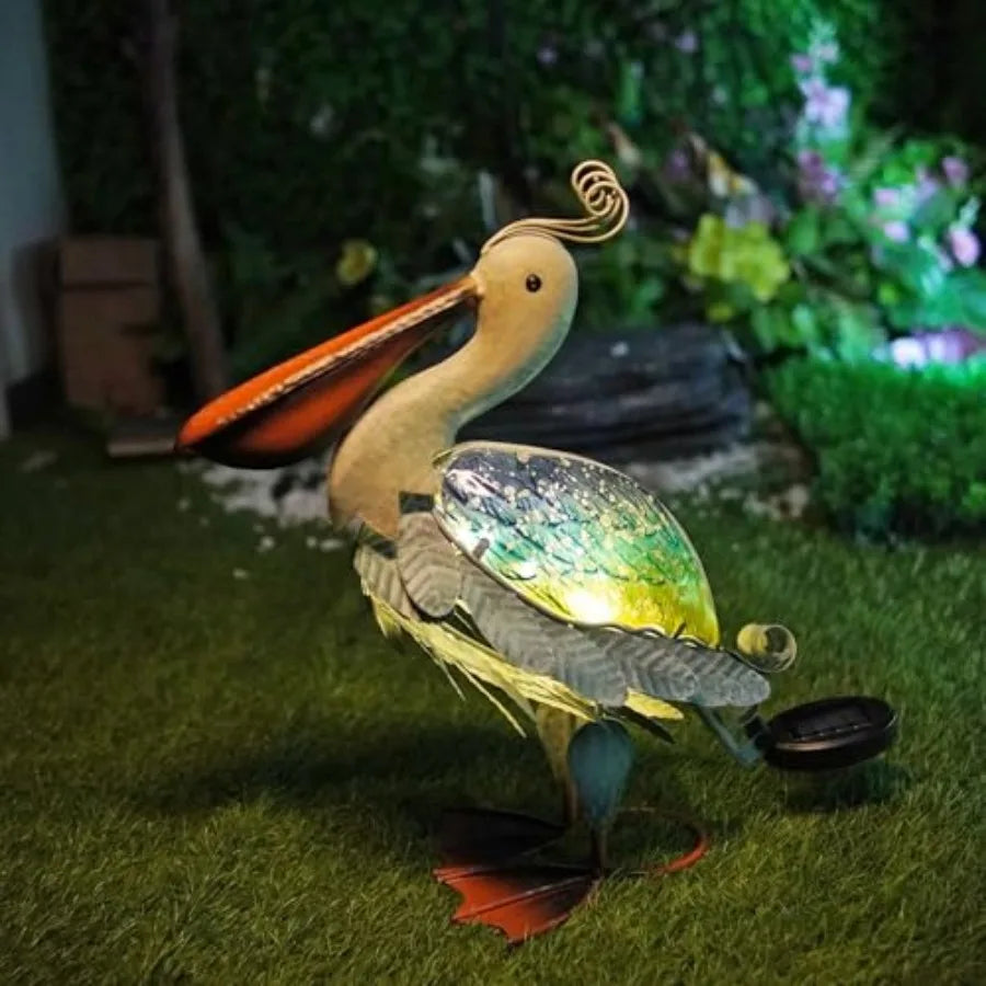 Solar Metal Crane or Pelican Statue Garden Heron Sculpture Yard Art