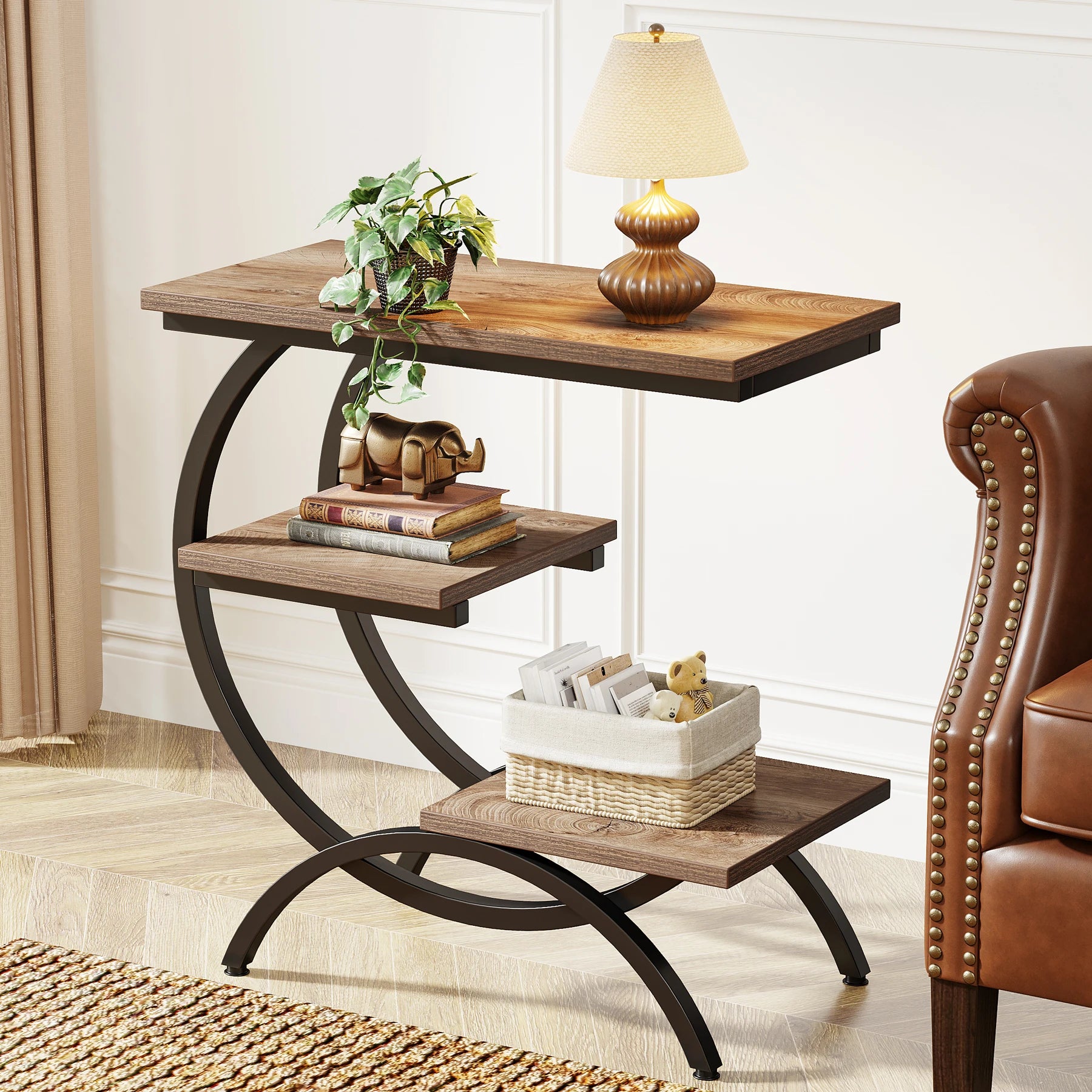 C-Shaped End Table, Industrial 3-Tier Small Table for Couch, Wood Bedside Table Snack Table with Storage Shelves