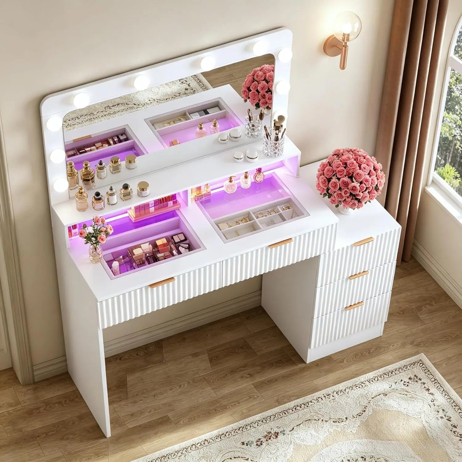 White Fluted Makeup Vanity with Lighted Mirror, Glass Top, 5 Drawers & Built-in Power Outlet