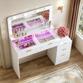 White Fluted Makeup Vanity with Lighted Mirror, Glass Top, 5 Drawers & Built-in Power Outlet