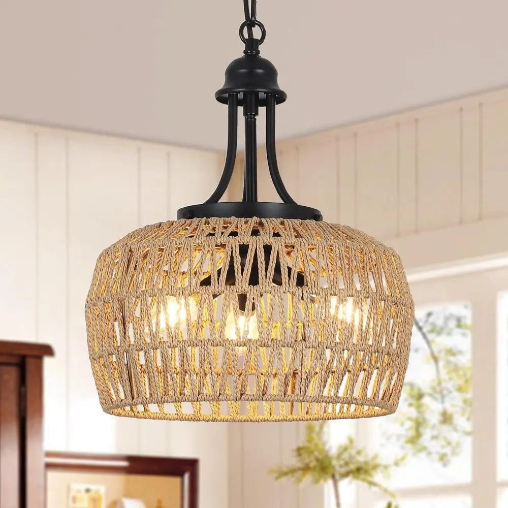 3-Light Boho Farmhouse Rattan Chandelier: Woven Coastal Pendant