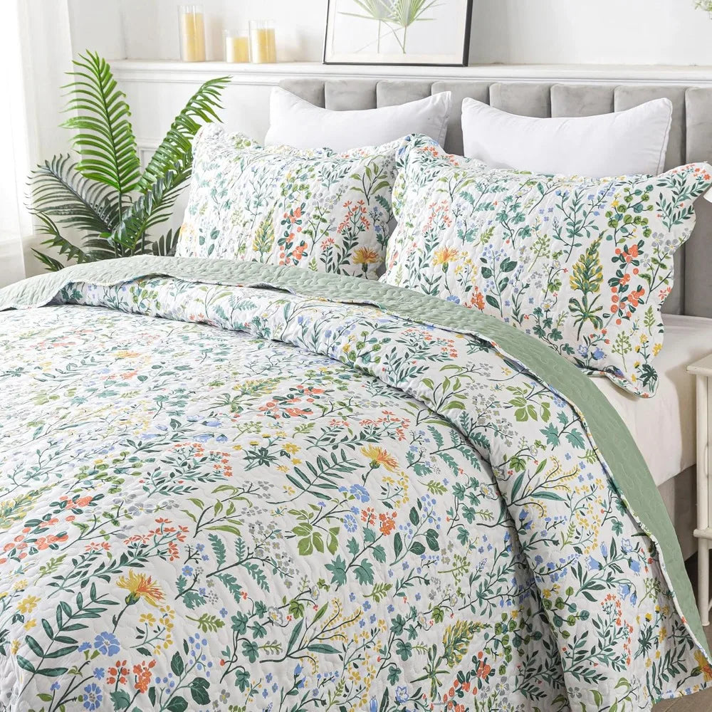 Floral Quilt King Size - 3 Pieces Microfiber Quilt Set Lightweight Wildflower