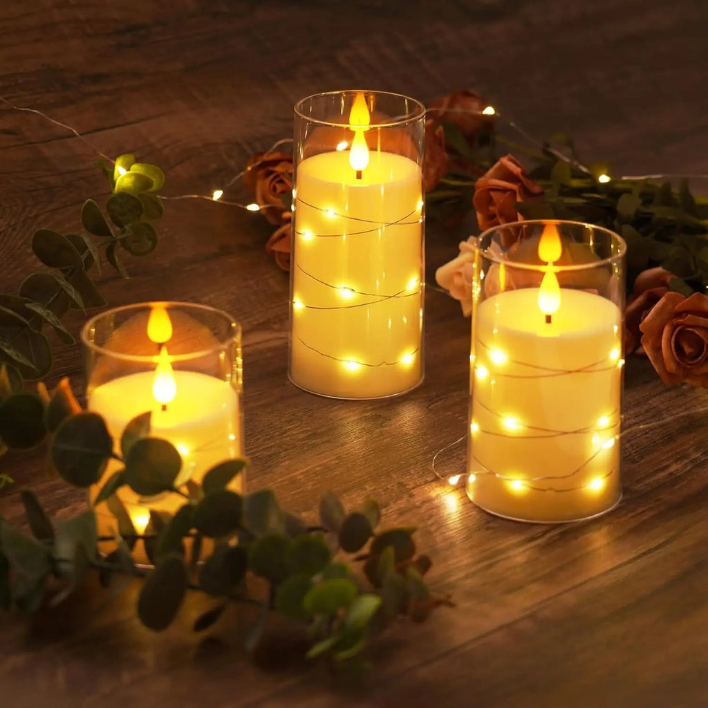 LED Flameless Candles with Fairy Lights, Set of 3, Ivory White