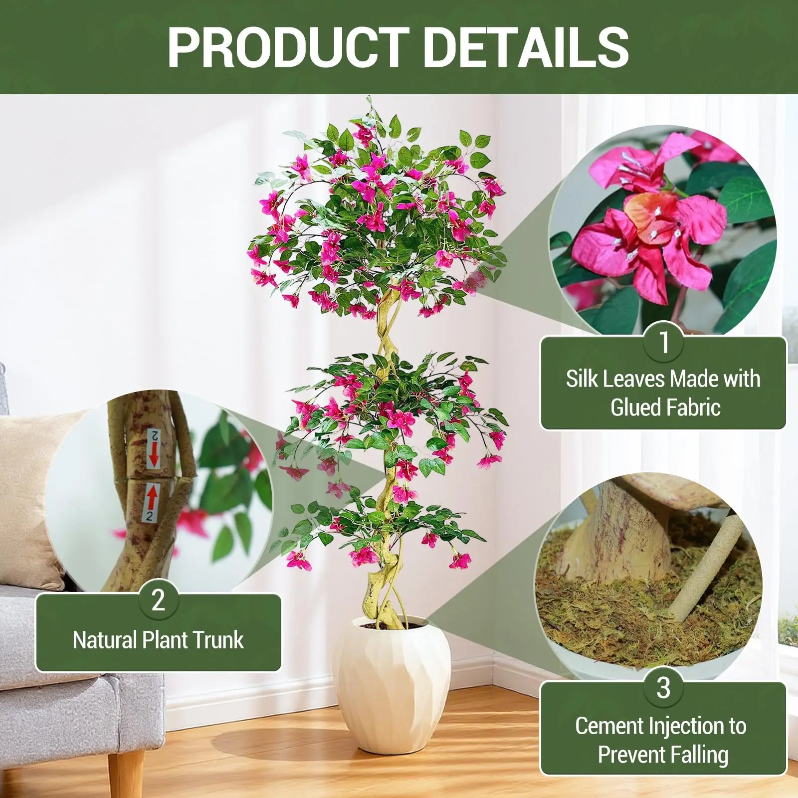 Lifelike Artificial Bougainvillea Tree in White Pot Realistic Silk Foliage