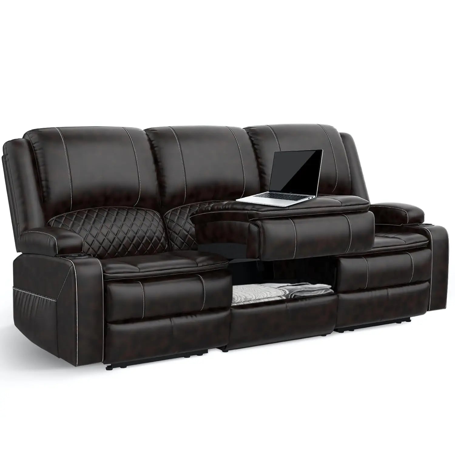 3 Seat Recliner Sofa with Console, Armrest, PU Leather, Cup Holders, USB Ports