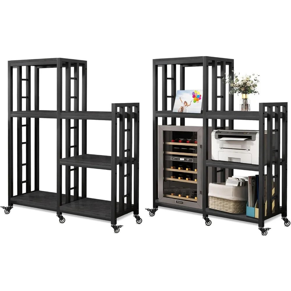Free Standing Baker Rack Mini Fridge Stand with Wheels, 6 Tire Kitchen Storage Shelf Organizers Coffee Table Bar Micr
