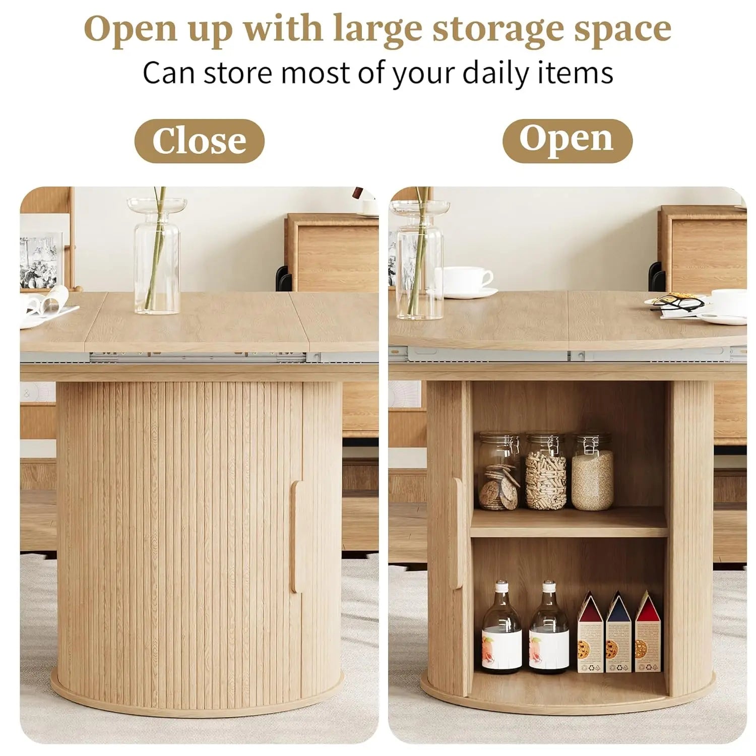 Round-to-Oval Dining Table Hidden Storage and Extendable