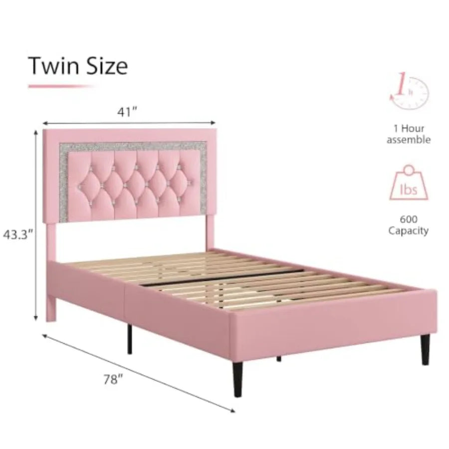 Glamous Girls Twin Diamond Tufted Button Headboard, Elegant Pink Fabric Upholstery