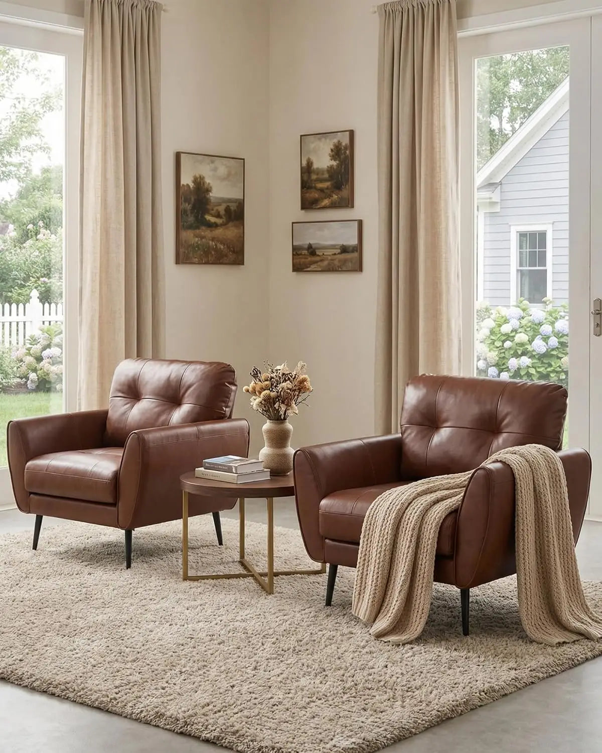 Leisure Chair,Minimalist Modern Leather Accent Chair Set, Tufted Mid Century