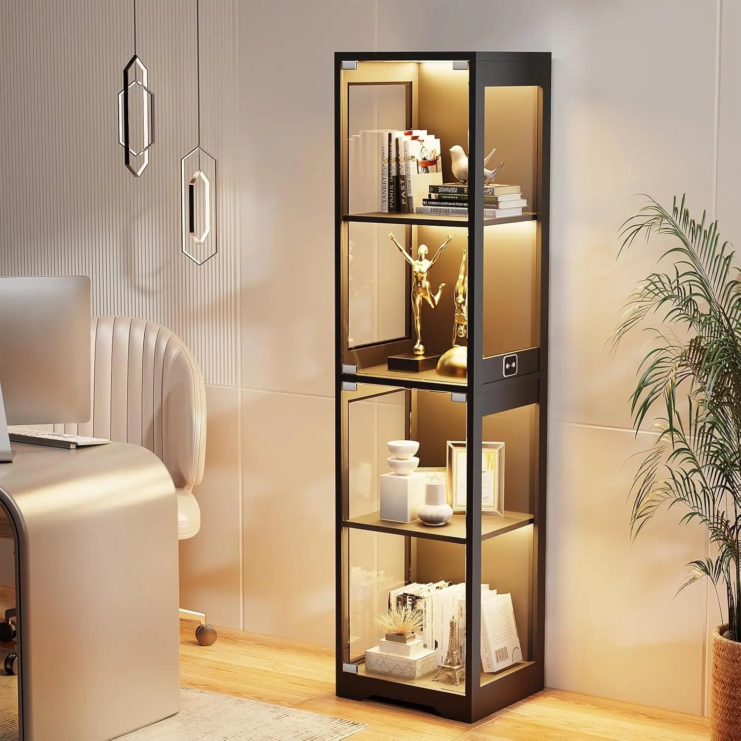 4-Tier Glass Display Cabinet with 3 Color LED Lights - Black