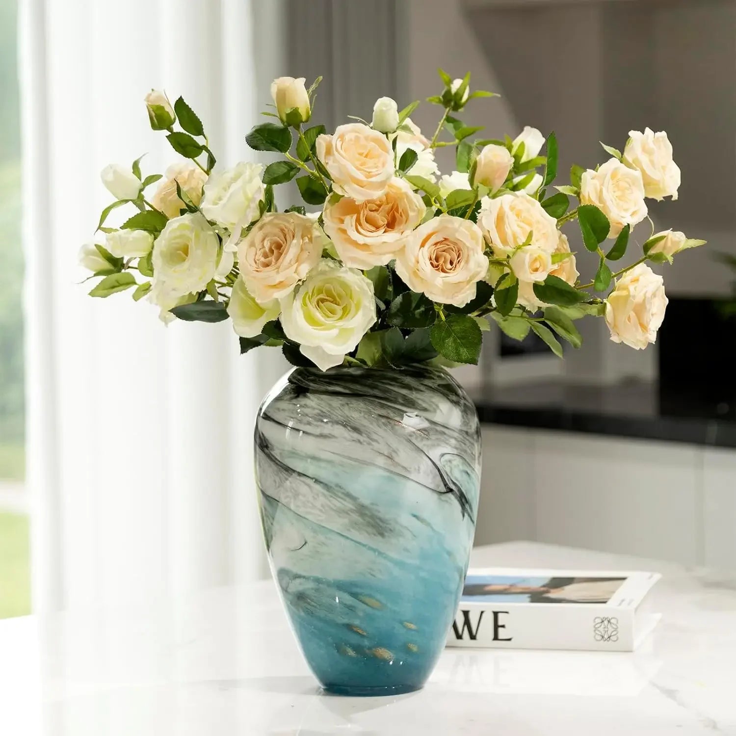 11" H Teal Glass Vases for Flowers, Unique Hand Blown