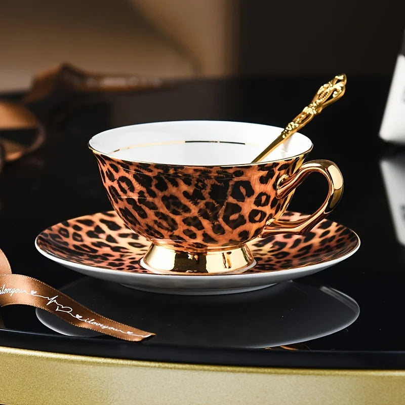 Luxurious Leopard Print Tea Set: Elegant Bone China Cup And Saucer with Golden Trim