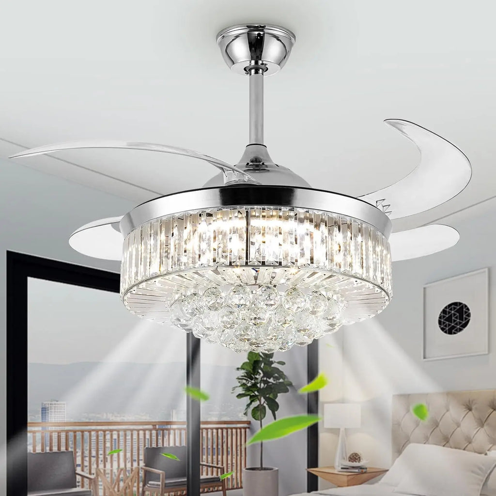 42" Crystal Ceiling Fan with Light, Silvery Chandelier with Remote, 6 Speeds 3 Colors Changes