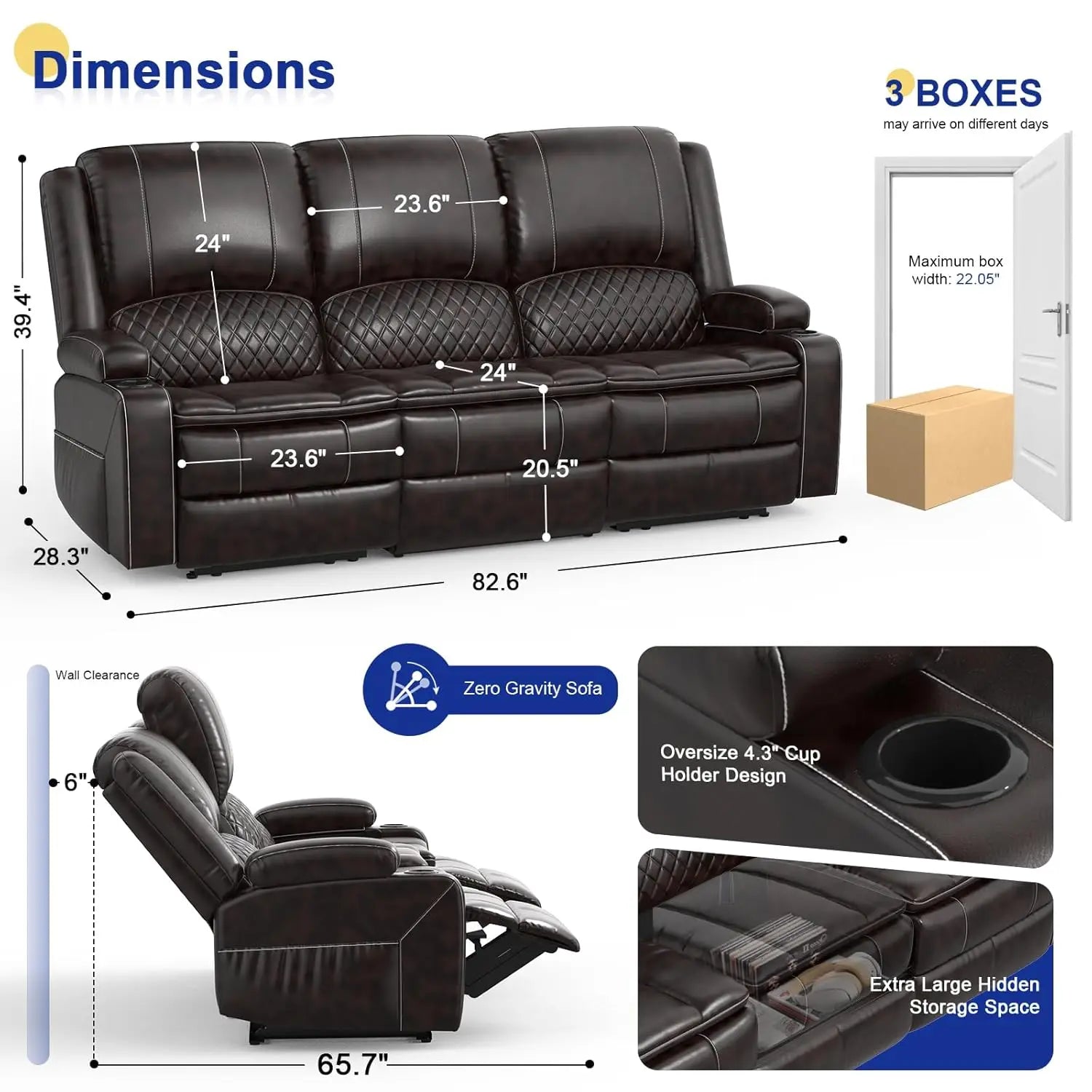 3 Seat Recliner Sofa with Console, Armrest, PU Leather, Cup Holders, USB Ports