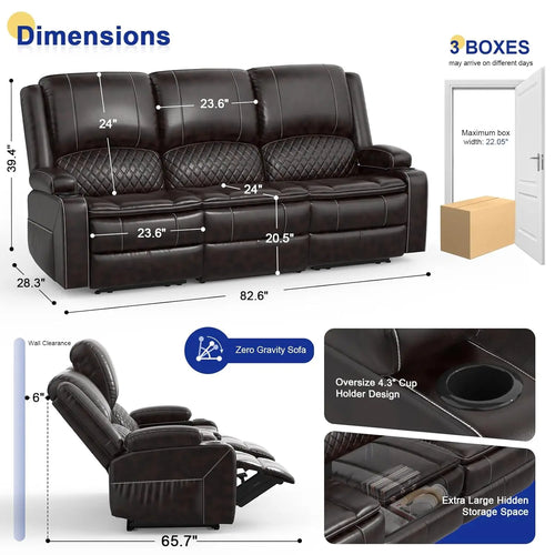 3 Seat Recliner Sofa with Console, Armrest, PU Leather, Cup Holders, USB Ports