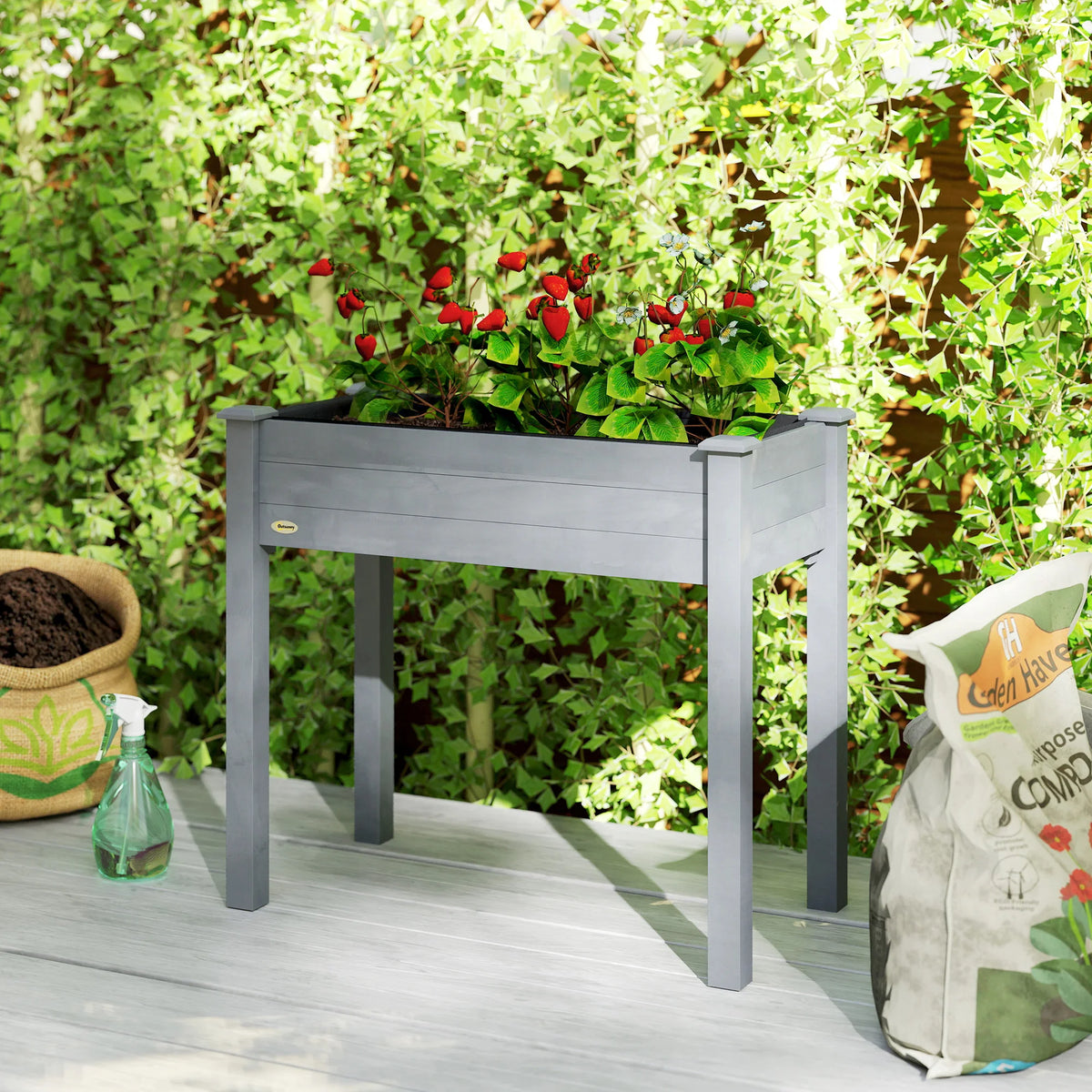 Elevated Natural Garden Plant Stand Outdoor Flower Bed Box Wooden