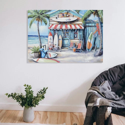 Blue Seaside Villa Surfboard Coconut Tree Ocean  Canvas Wall Art