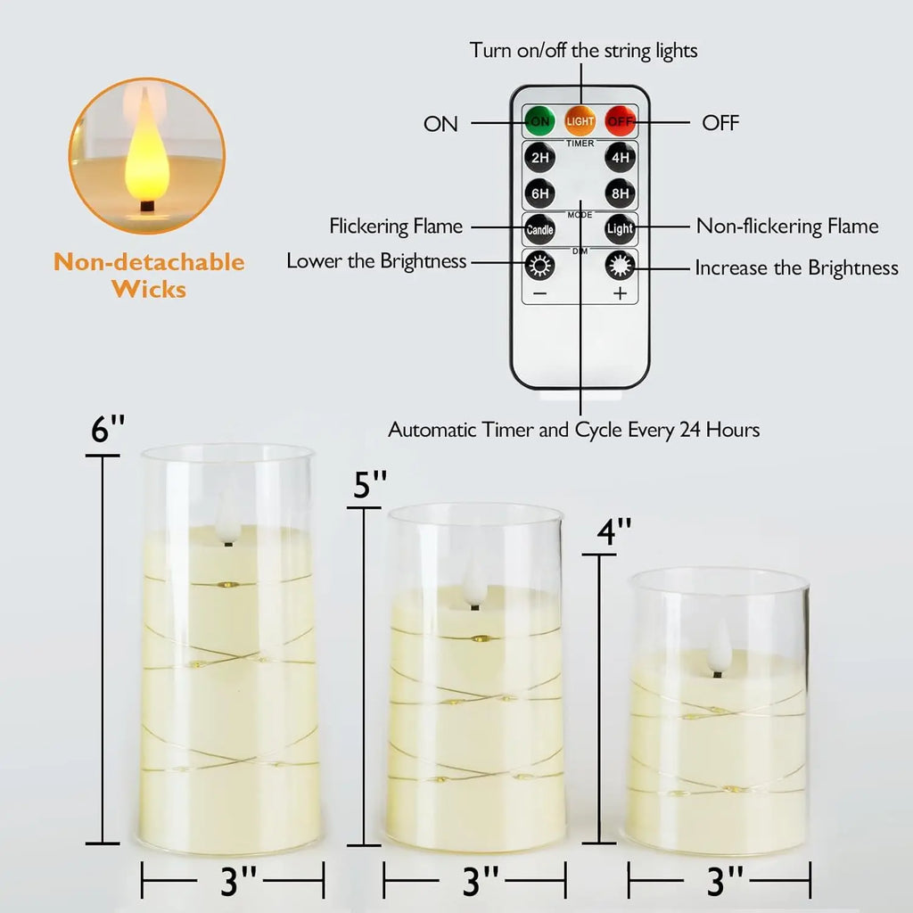 LED Flameless Candles with Fairy Lights, Set of 3, Ivory White