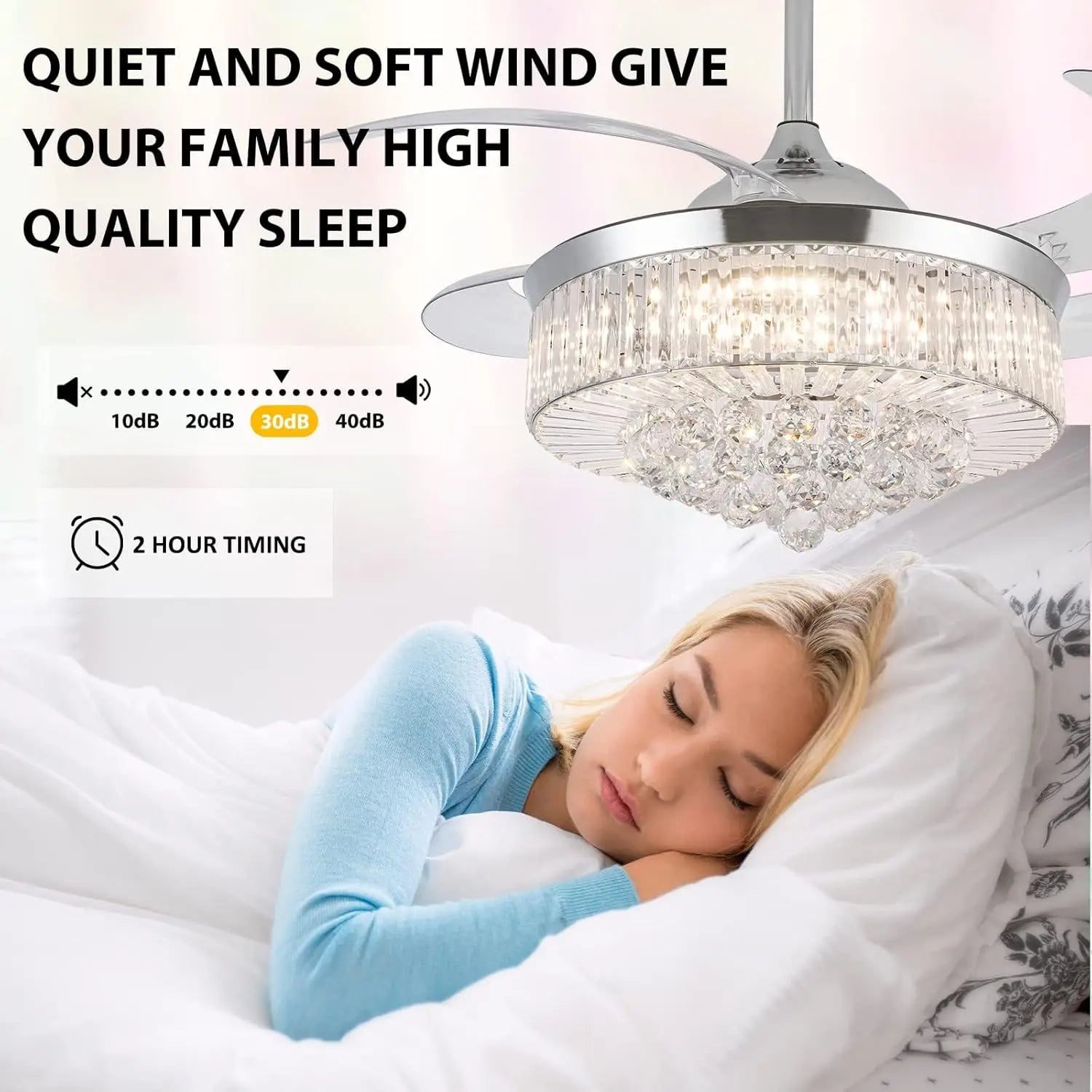42" Crystal Ceiling Fan with Light, Silvery Chandelier with Remote, 6 Speeds 3 Colors Changes