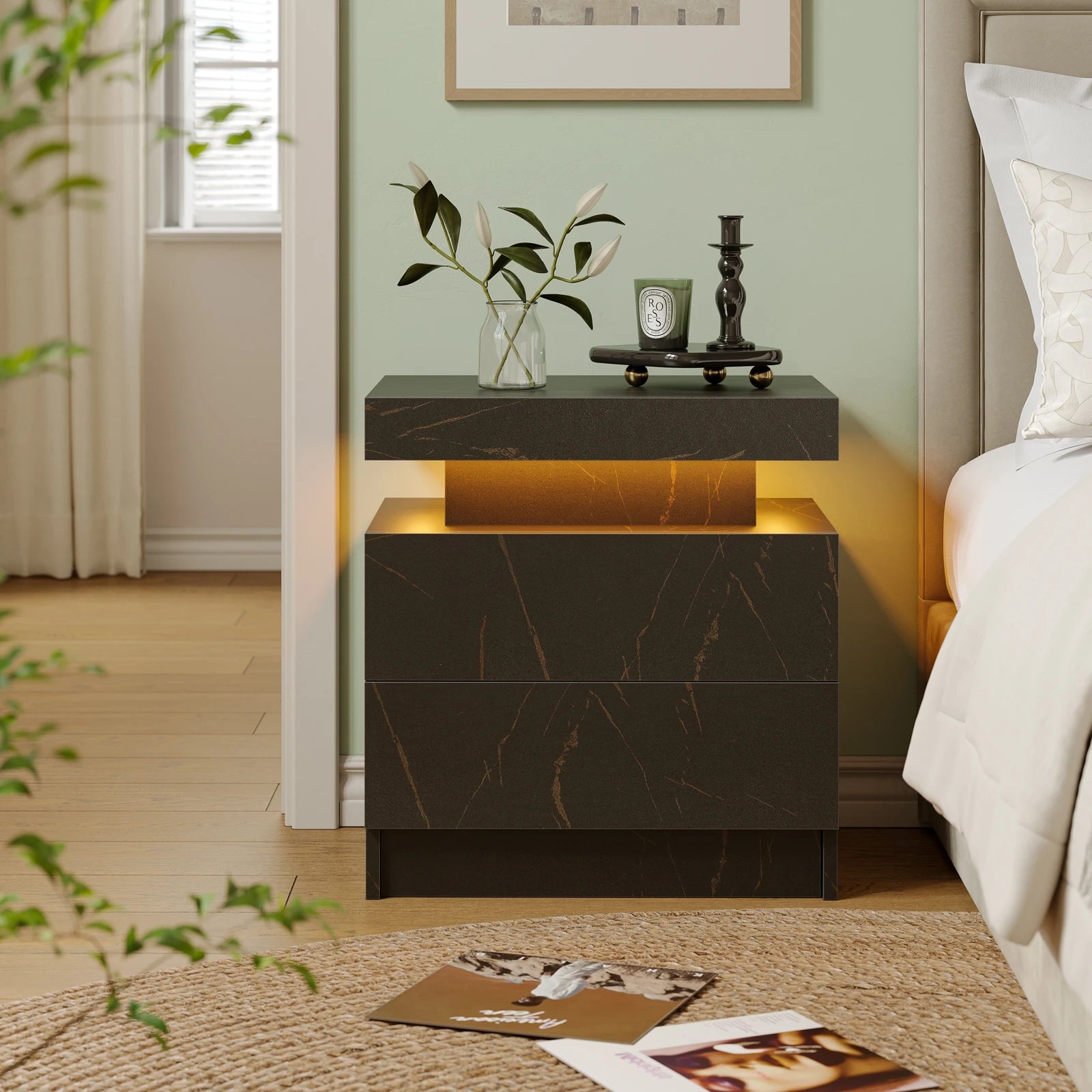 Moroccan Cube Nightstands with 2 Drawers, End Table with RGB LED Lights