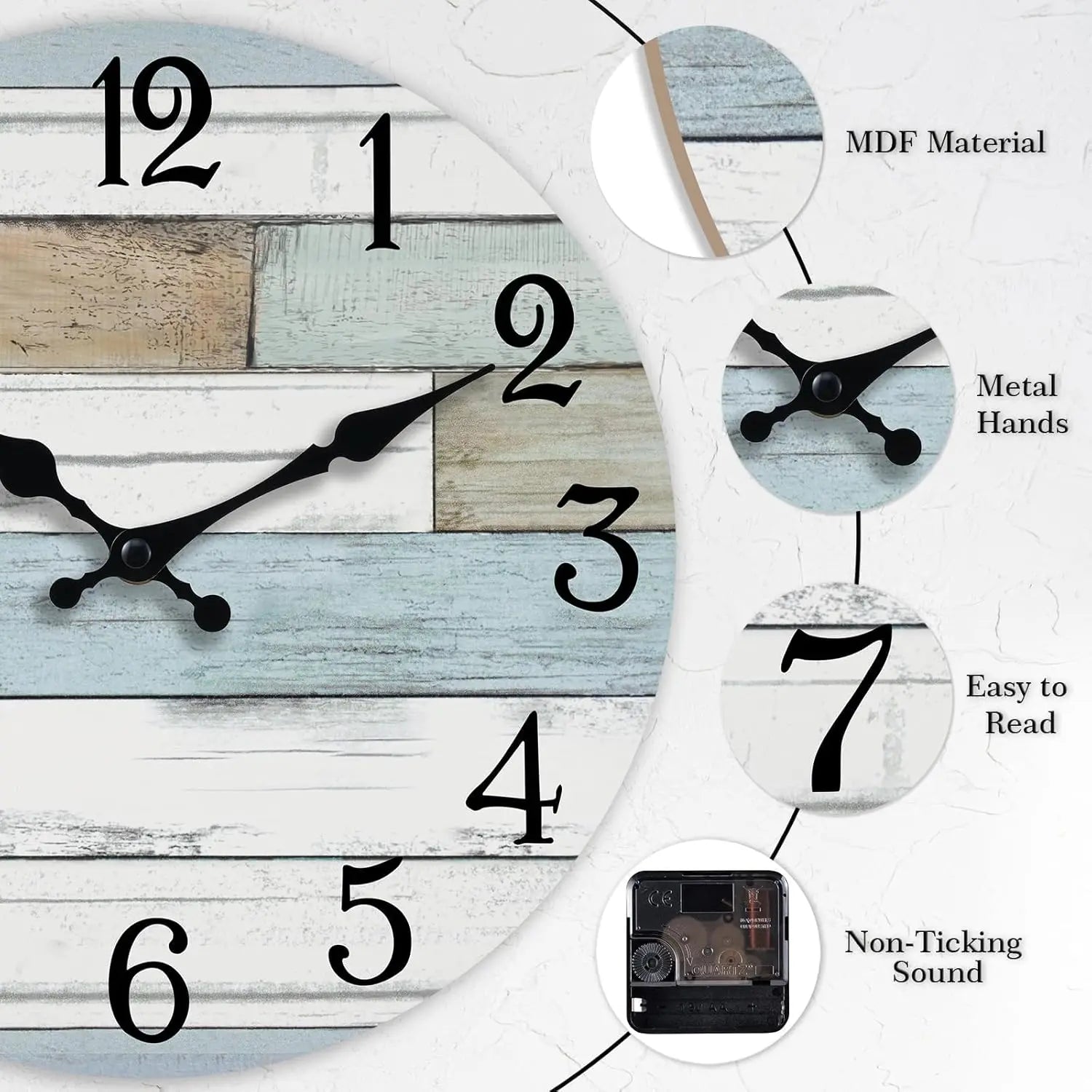 10 Inch Silent Non-Ticking Wall Clock, Coastal Rustic Retro