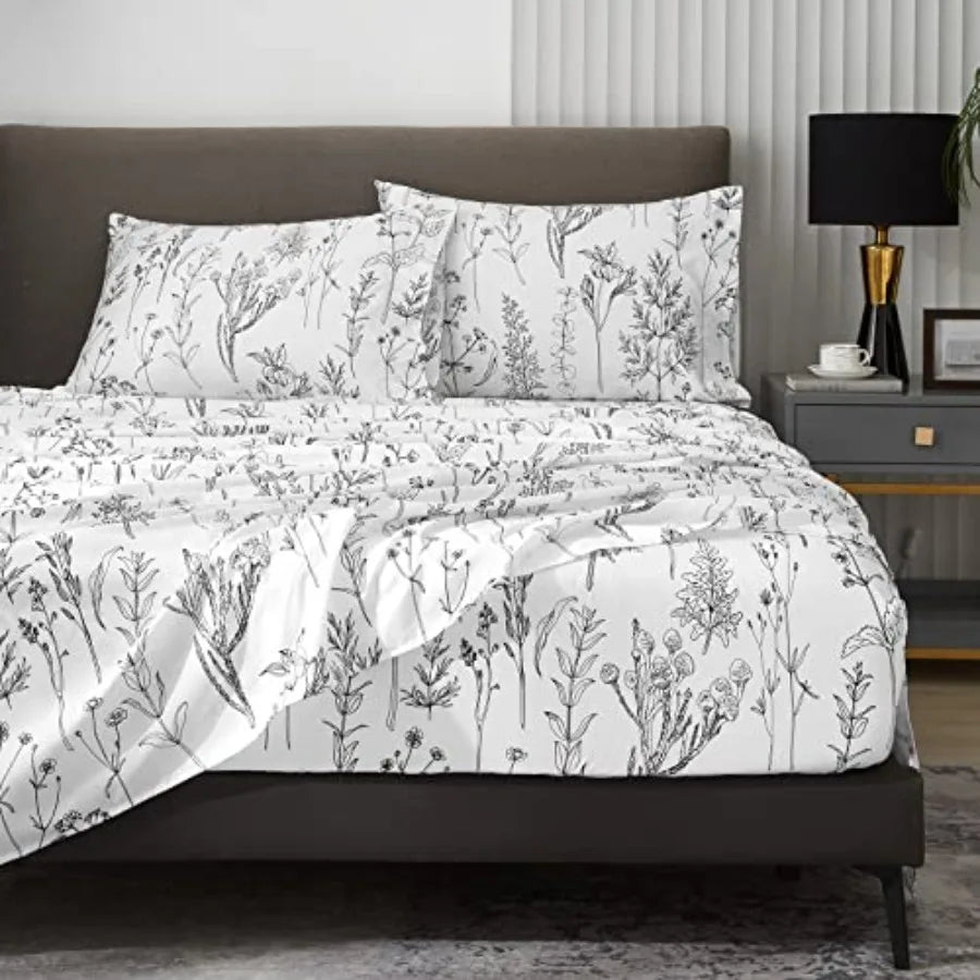 Floral Bed Sheets King Size, 18 Inch Deep Pocket Sheets 1800 Thread Count, Leaf Sheet Set Soft Breathable Cute Aesthetic Sheets