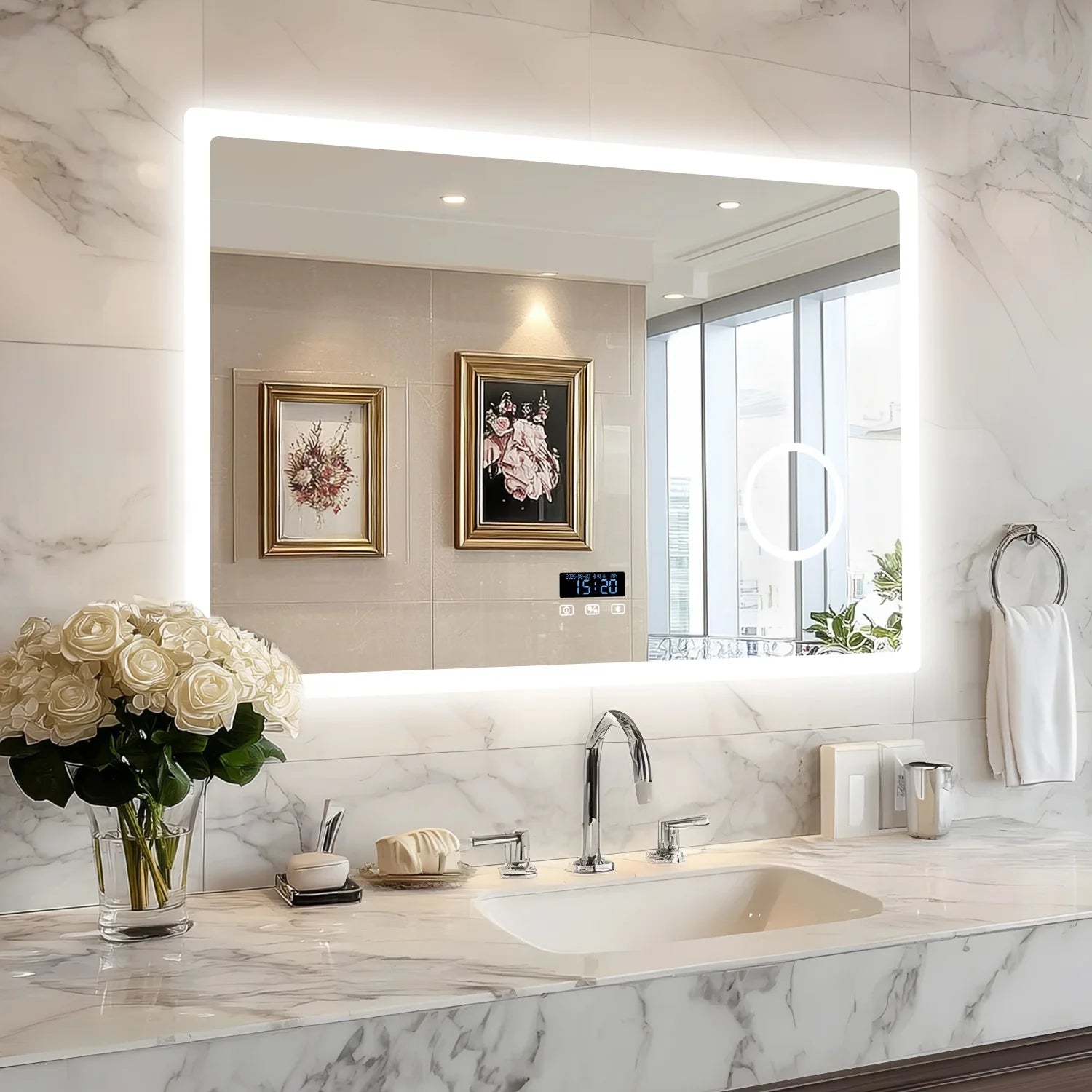 LED Bathroom Mirror with Bluetooth Dimmable Backlit Vanity Mirror with 3X Magnifier and Screen Display