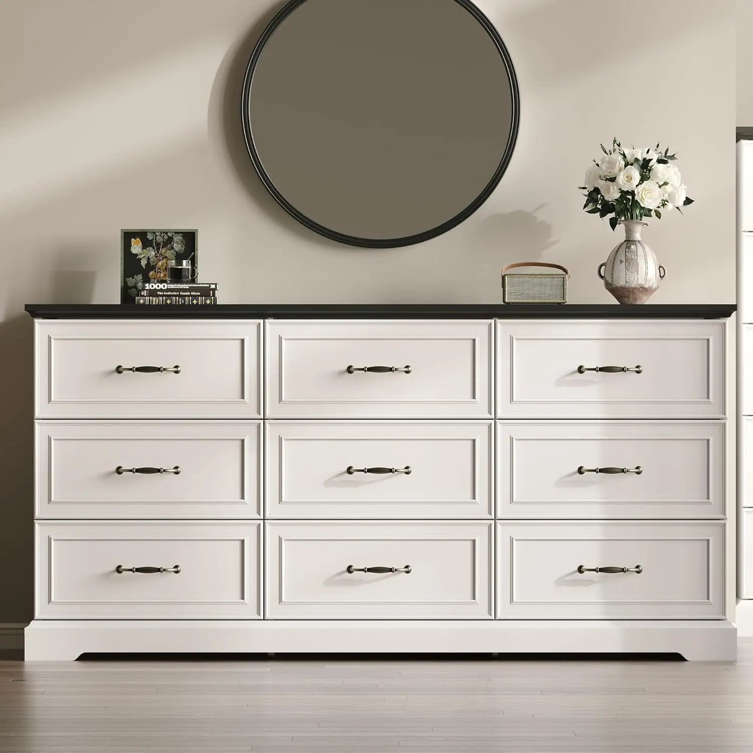 Farmhouse Drawer(9) Rustic Wood Dresser with Deep Drawers & Bar Handles ,63" Wide