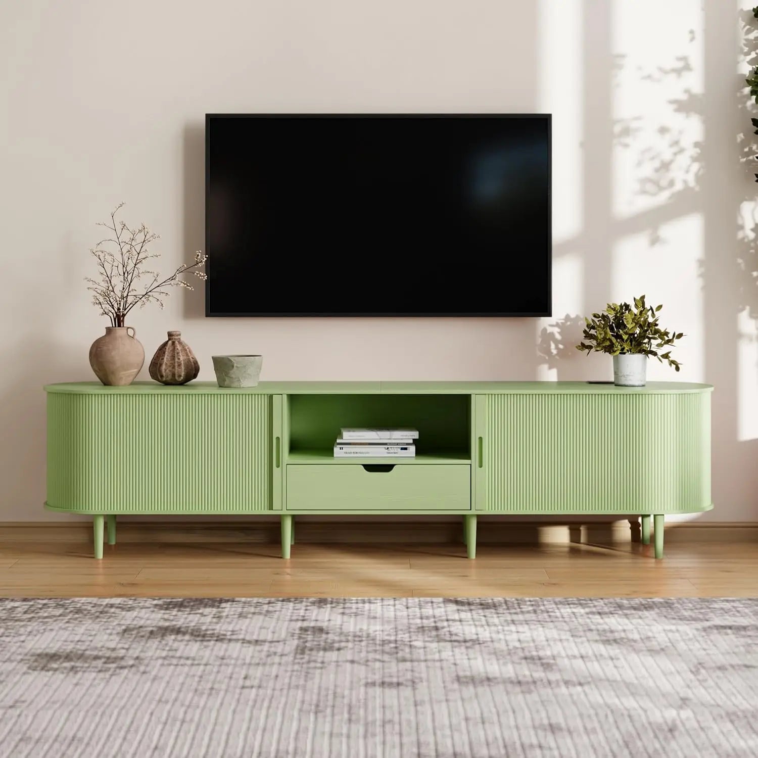 Fluted TV Stand Power Outlet 90" Console 86.6" long