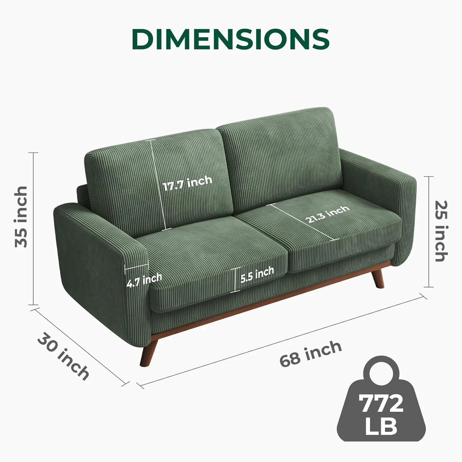 68" Green Loveseat Sofa, Comfy Corduroy with Spring Cushion