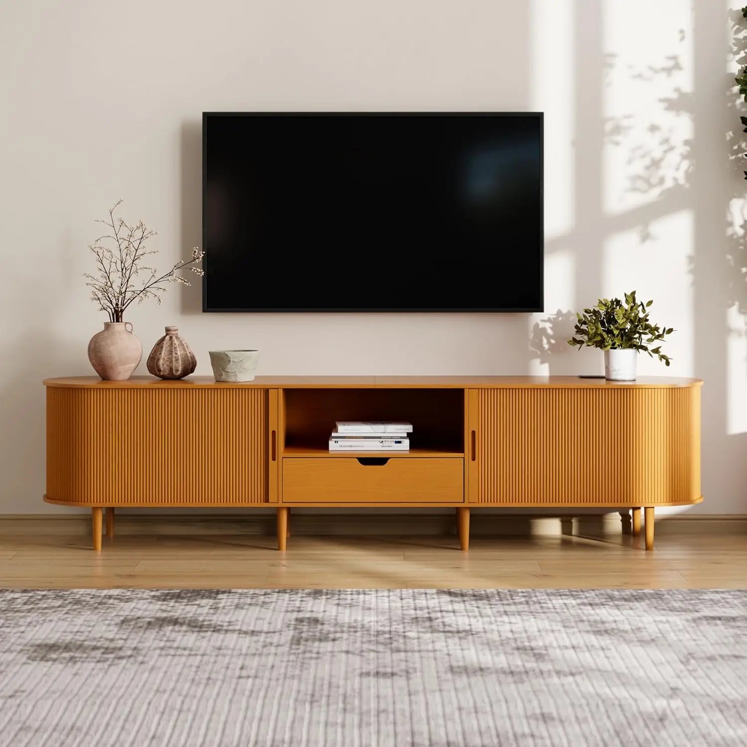 Fluted TV Stand Power Outlet 90" Console 86.6" long