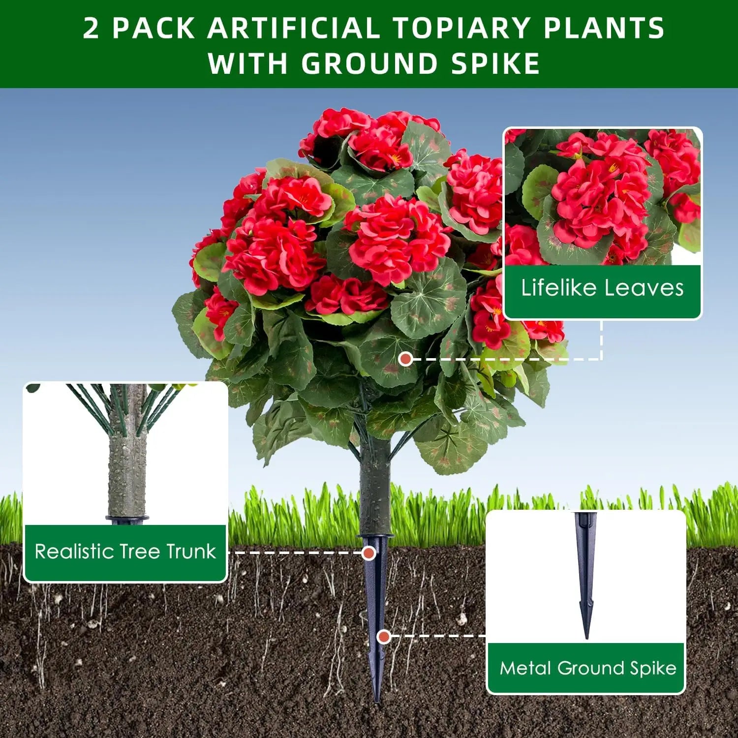 Set Of 2 Artificial Topiary Ball Trees Metal Stakes, 21.6" Color Options