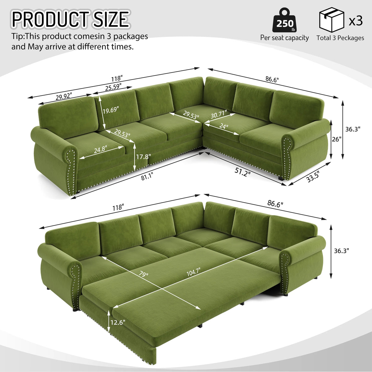 Comfy Cloud Sofa 118" L-Shaped Sleeper Sectional Sofa with Pull-Out Bed 4 color options