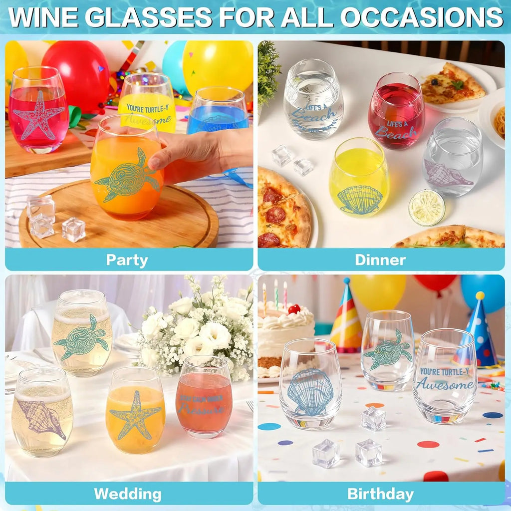 4 PCS Ocean Stemless Wine Glasses-17 Oz Coastal Glassware Gifts for Beach Lovers-Sea Turtle,Seashell,Starfish,Conch Wine