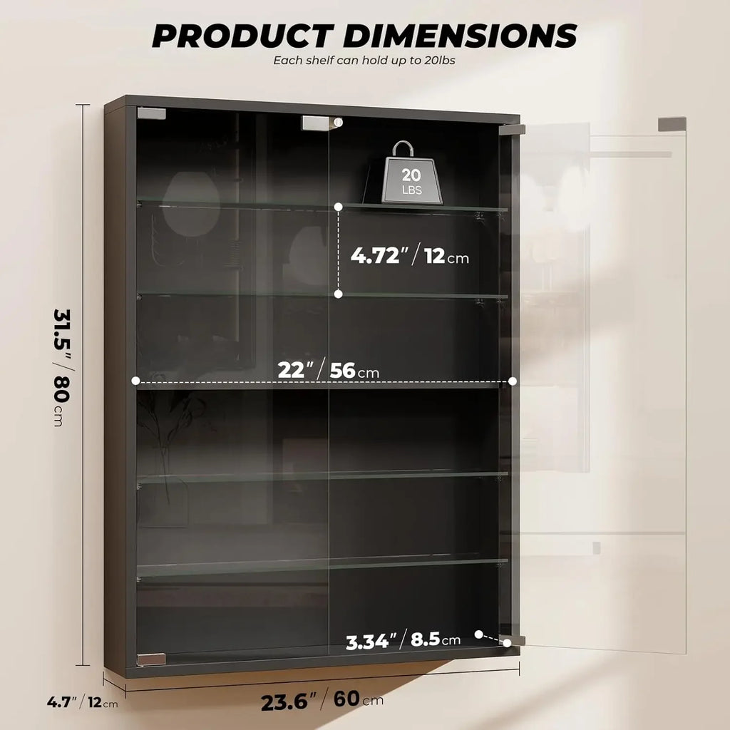 Six Tier Wall Display Cabinet With Glass Doors And Adjustable Shelves Black