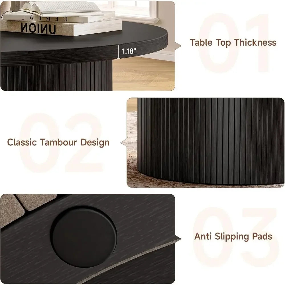 Tambour Design 31.5" Round Coffee Table, Tambour