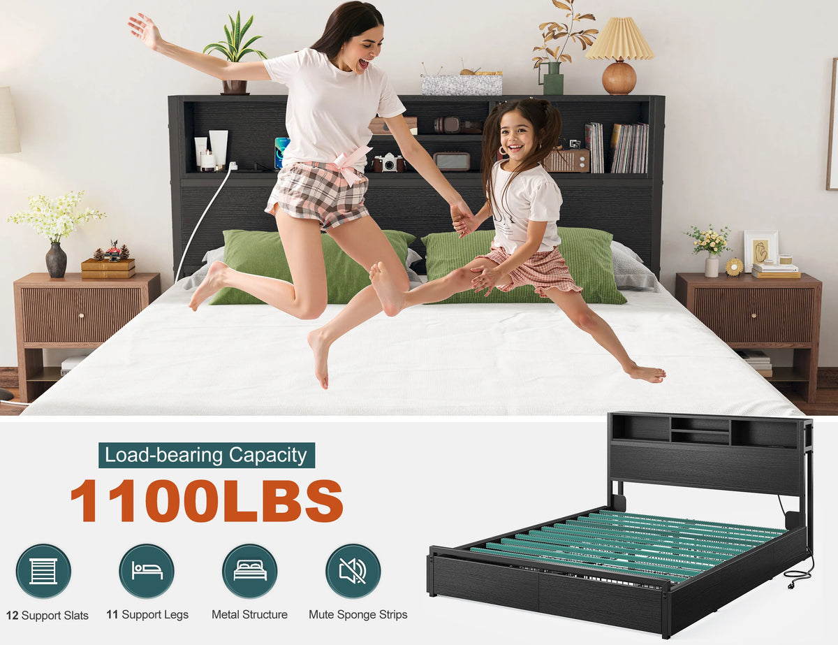 Storage Galore !!! Metal Platform Bed Frame with Bookcase Headboard