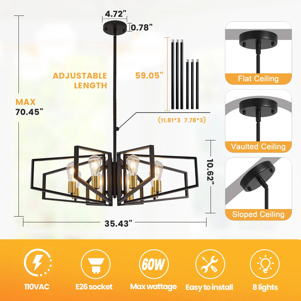 Modern 8-Light Geometric Chandelier Metal Pendant Light , Black or Golden Frame