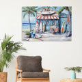 Blue Seaside Villa Surfboard Coconut Tree Ocean  Canvas Wall Art