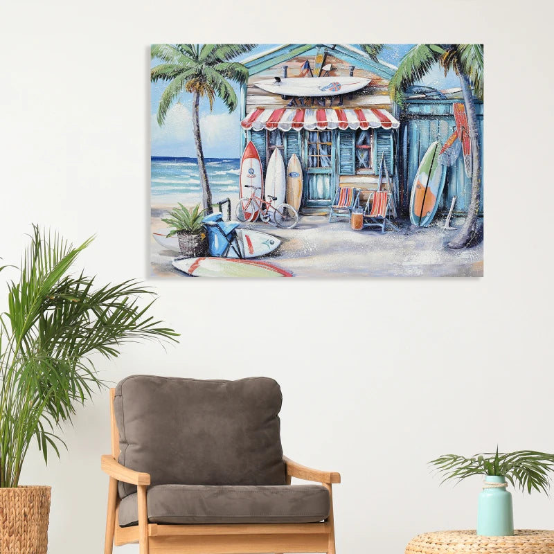 Blue Seaside Villa Surfboard Coconut Tree Ocean  Canvas Wall Art