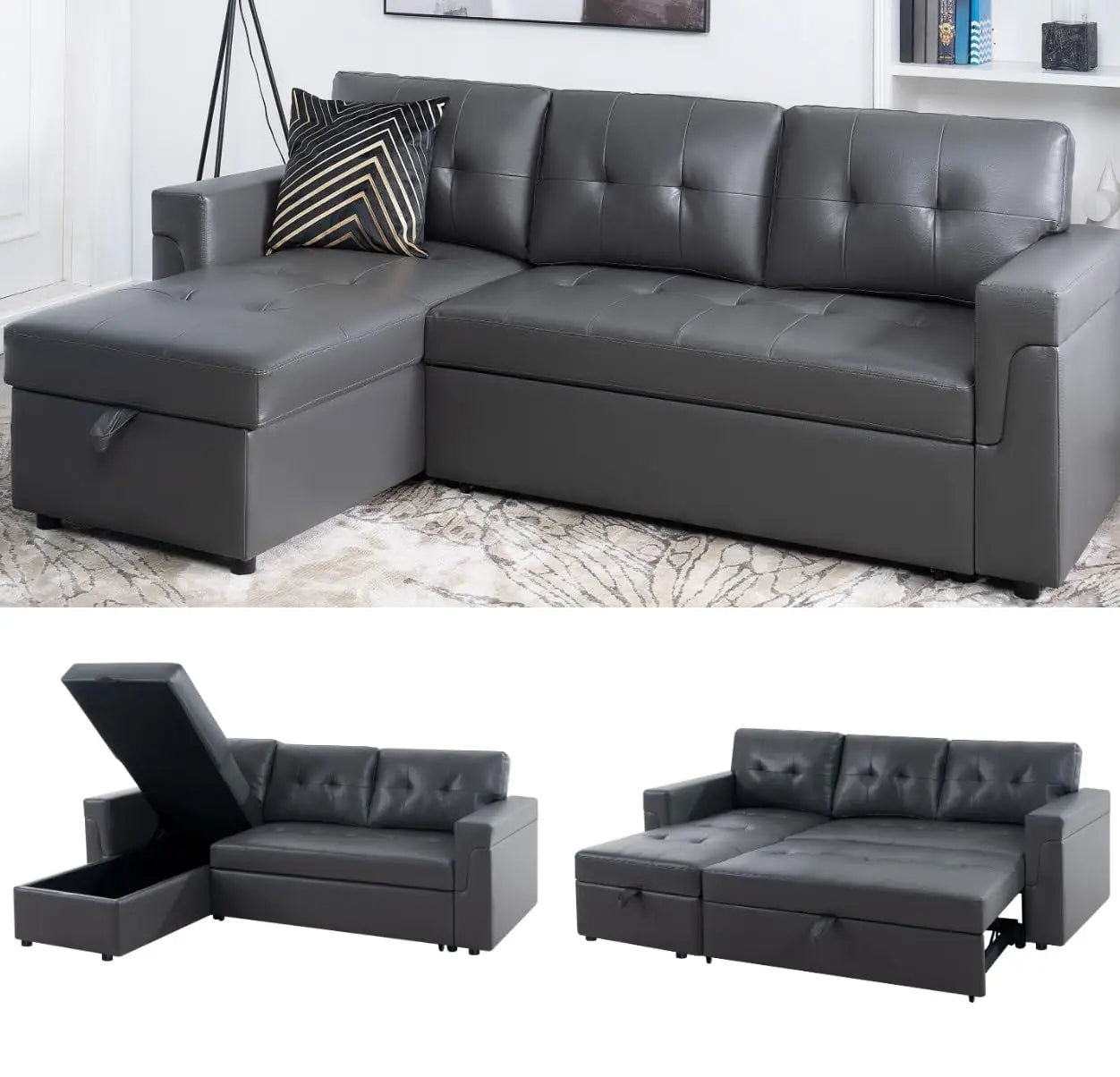 L Shaped Sleeper Sofa Bed with Storage & Pull Out Chaise Small Sectional Couch Living Room Air Leather Customized