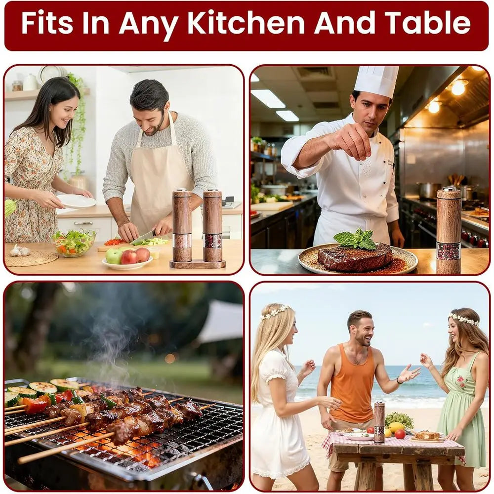 Automatic Salt and Pepper Grinder Set with Wood Base,