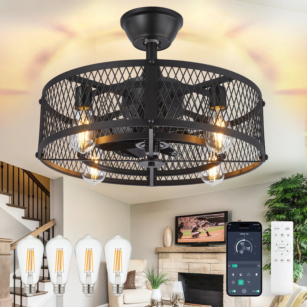 Caged Ceiling Fan with Light: 20/26" Farmhouse Fandelier Ceiling Fan with Remote for Low Profile Indoor Bedroon Kitchen Living